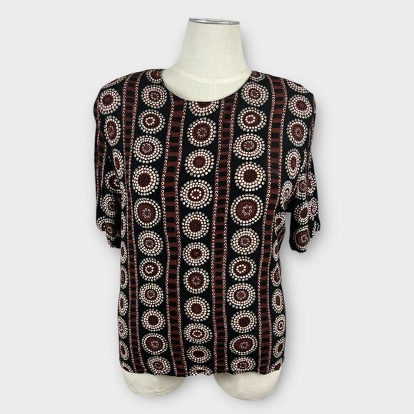 80s Bechamel Short Sleeve Block Print Blouse Top Brown Black Size 18 Career - Picture 1 of 8